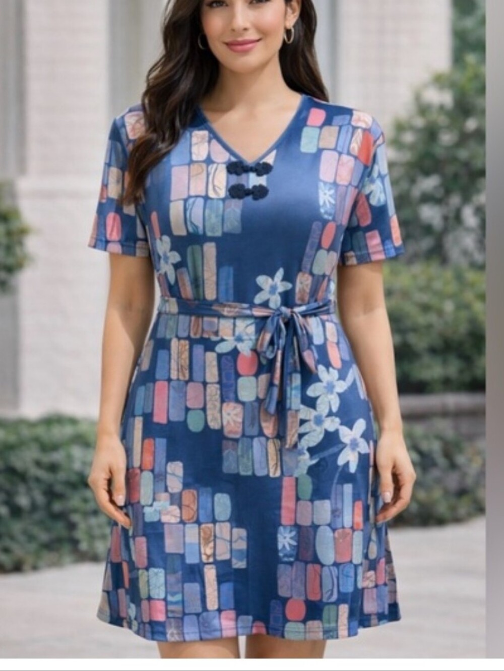 Women's Abstract Geometric Tile Floral Print Short Sleeve Dress A-Line